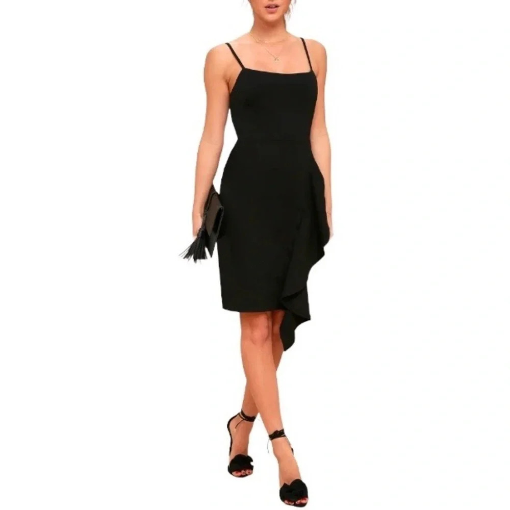 Milly Asymmetrical Ruffle Spaghetti Strap Black Dress Stretch Cocktail Size 0
